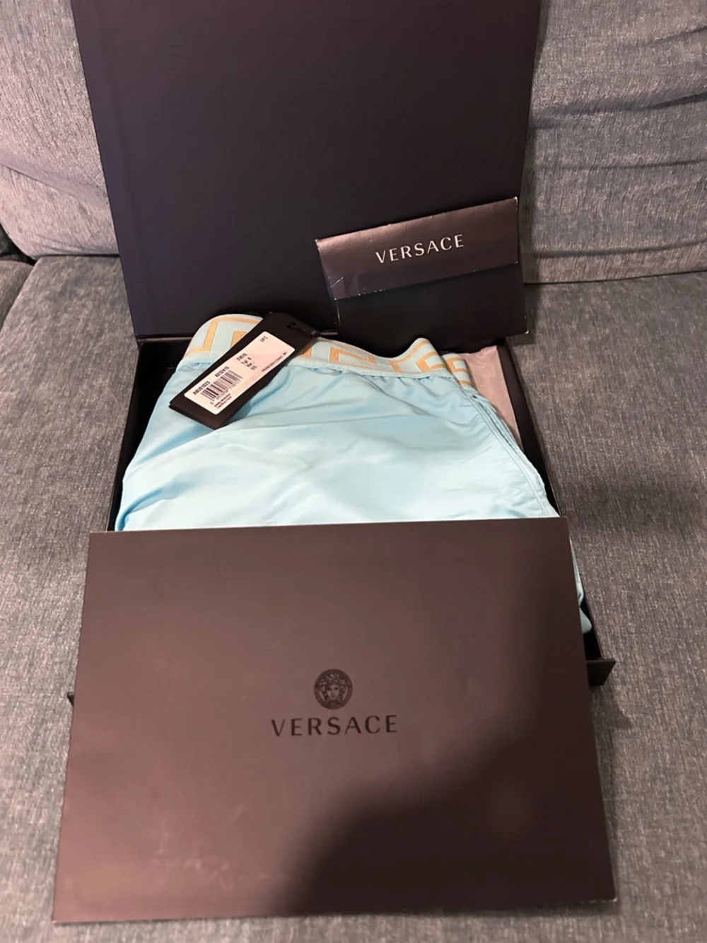 Versace Turquoise Swim Trunks with Gold Waistband - Picture 8 of 9